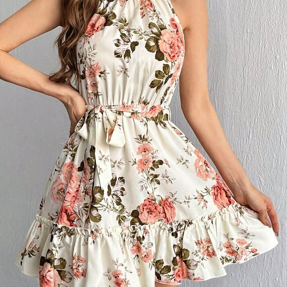 Multicolor Boho Women's Floral Printed A-Line Halter Neck Dress - Picture 3 of 6